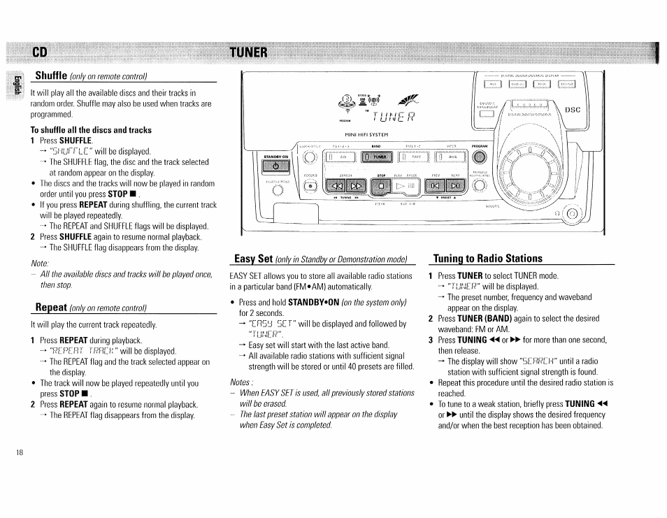 Tuner, To shuffle all the discs and tracks, Tuner -19 | Philips FW 72C User Manual | Page 18 / 74