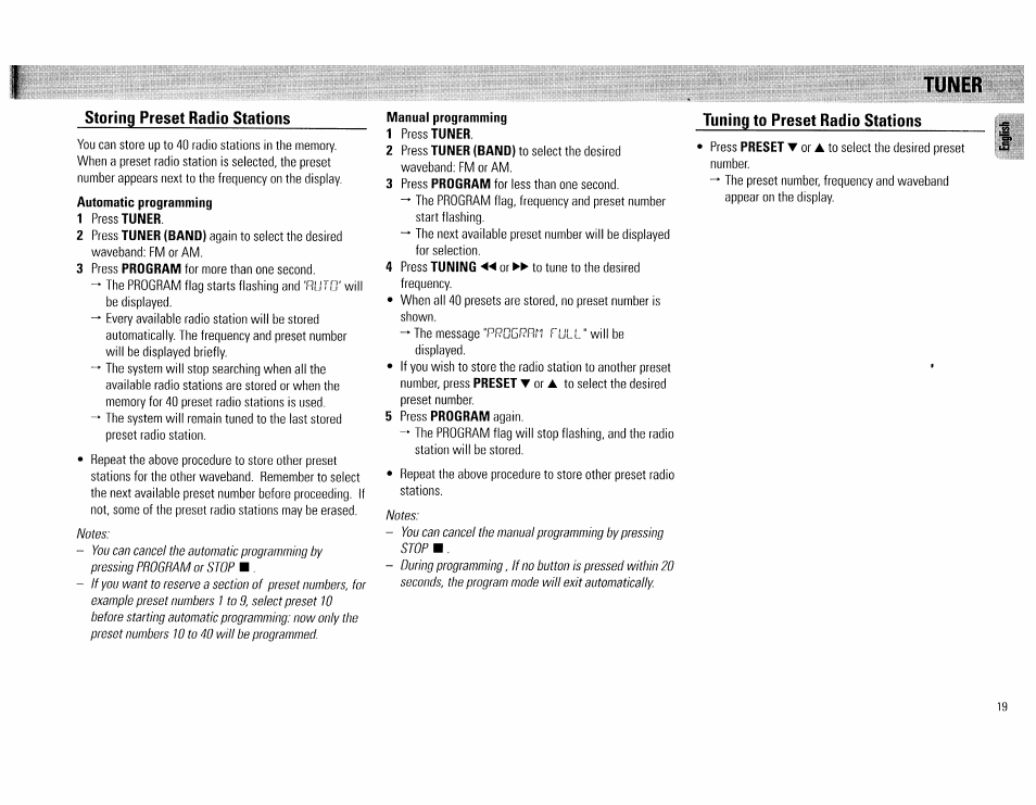 Tuner, Manual programming, Tuner storing preset radio stations | Tuning to preset radio stations | Philips FW 72C User Manual | Page 19 / 74