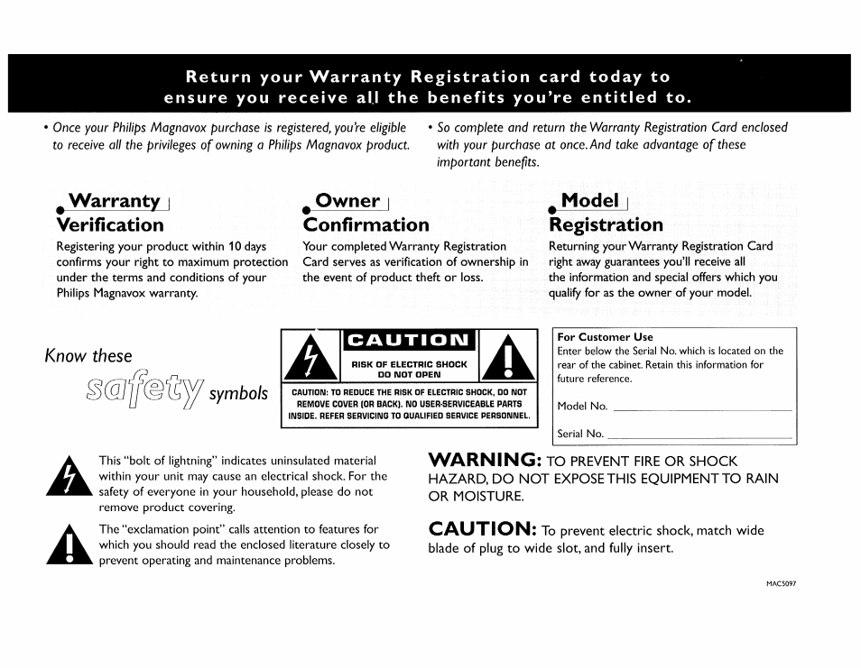 Warranty i venfication, Owner i confirmation, Model | Registration, Model registration, Warning, Caution | Philips FW 72C User Manual | Page 2 / 74