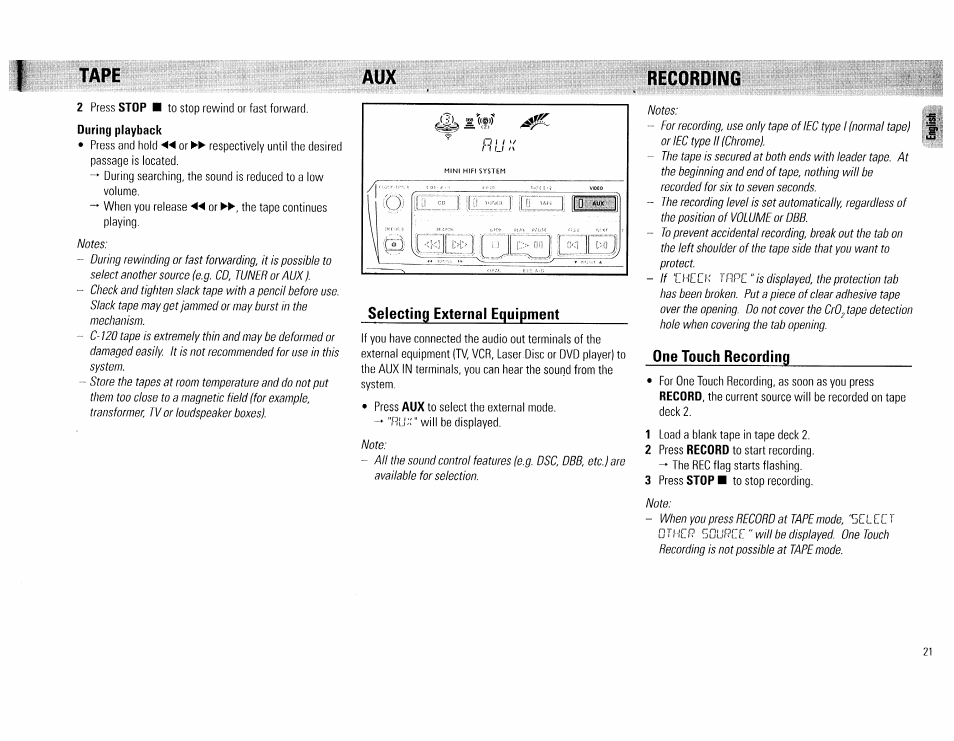 Tape, Recording, Recording -22 | Tape aux recording, Selecting external equipment, One touch recording | Philips FW 72C User Manual | Page 21 / 74