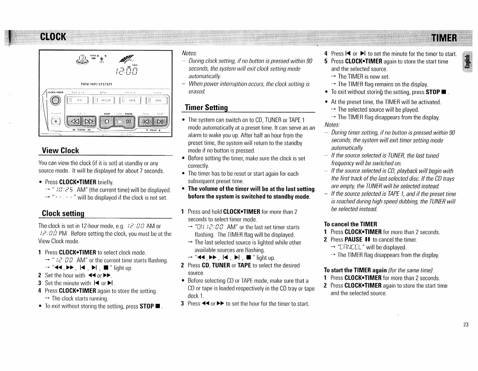 Clock, Timer, To cancel the timer | To start the timer again (for the same time), Clock view clock, Clock setting, Timer setting, Timer 4 | Philips FW 72C User Manual | Page 23 / 74