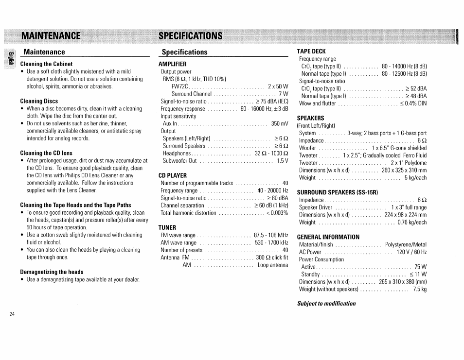 Maintenance, Specifications .'.1, Specifications | Philips FW 72C User Manual | Page 24 / 74