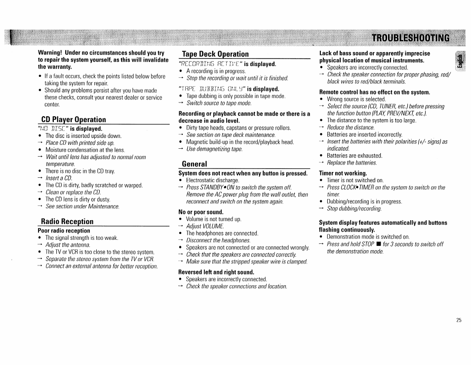 Troubleshooting, J uigil" is displayed, Tape deck operation | Cd player operation, Radio reception, General | Philips FW 72C User Manual | Page 25 / 74