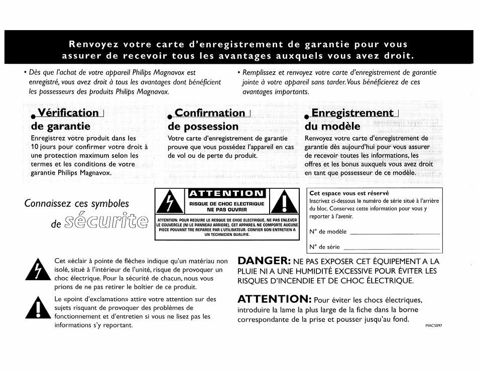 Vérification i de garantie, Confimnationl de possession, Enregistrement i du modèle | Vérification, De garantie, Enregistrement, Du modèle, Danger, Attention, Connaissez ces symboles de | Philips FW 72C User Manual | Page 26 / 74