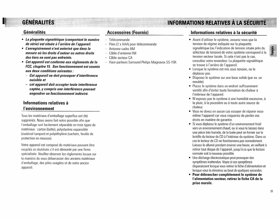 Informations relatives à la sécurité | Philips FW 72C User Manual | Page 31 / 74