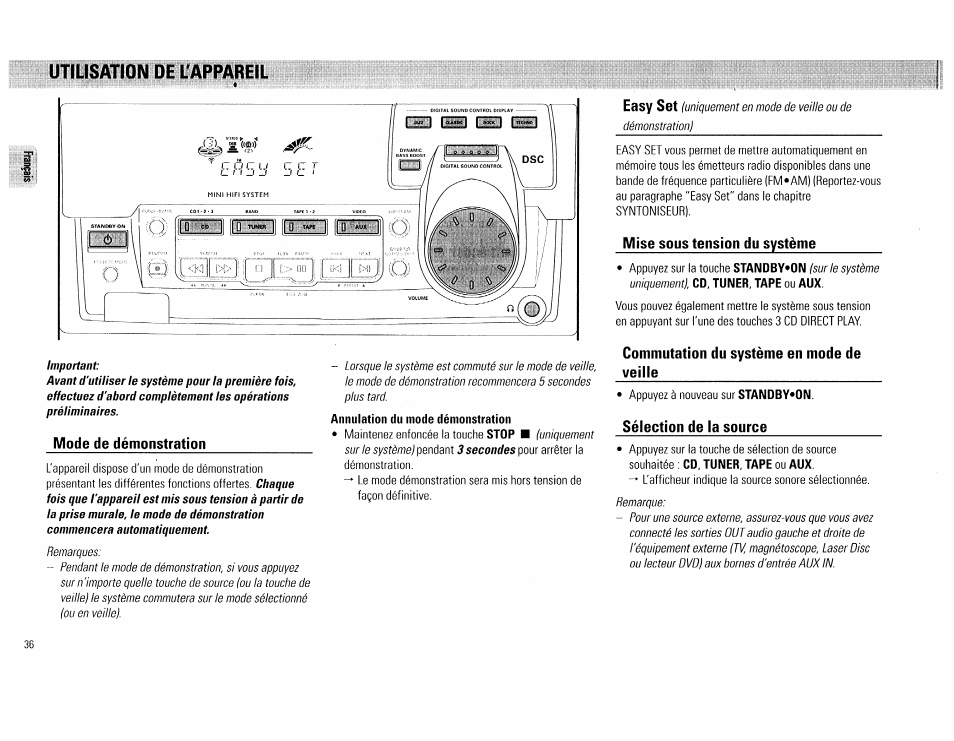 Utiysation de l'appareil, Annulation du mode démonstration, Utilisation de l'appareil -37 | Philips FW 72C User Manual | Page 36 / 74