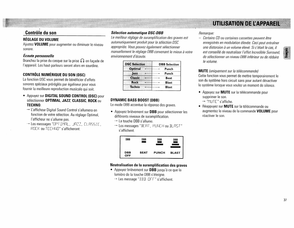 Reglage du volume, Contrôle numérique du son (dsc), Dynamic bass boost (dbb) | Utiusation de l'appareil, Neutralisation de la suramplification des graves, Jazz, Contrôle du son | Philips FW 72C User Manual | Page 37 / 74