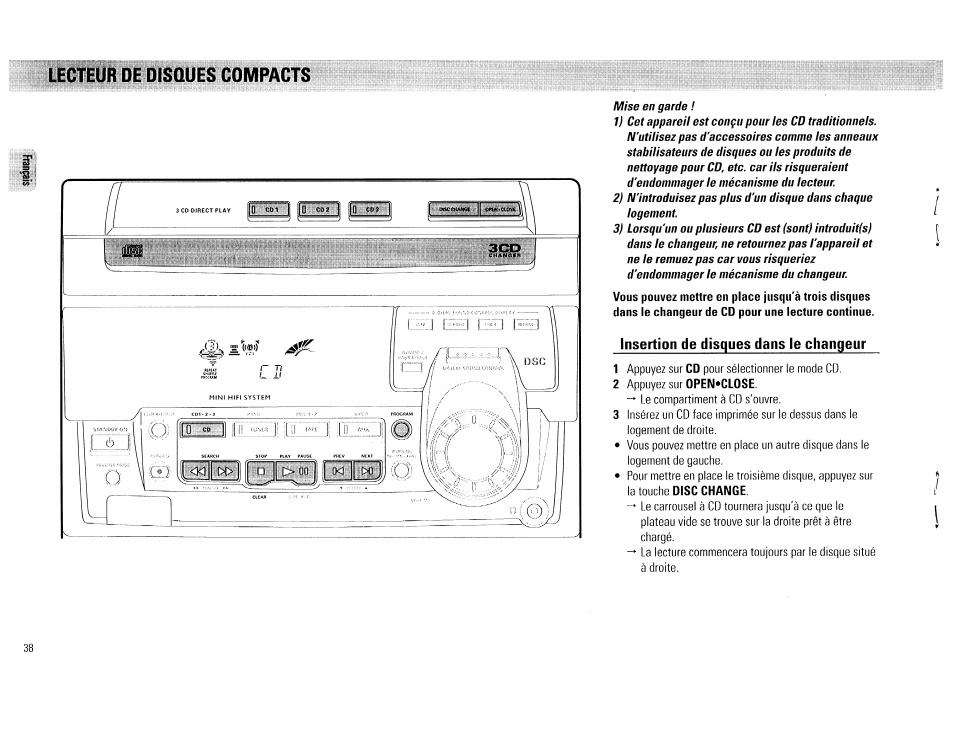 Îicitûr de disques compacts, Insertion de disques dans le changeur | Philips FW 72C User Manual | Page 38 / 74