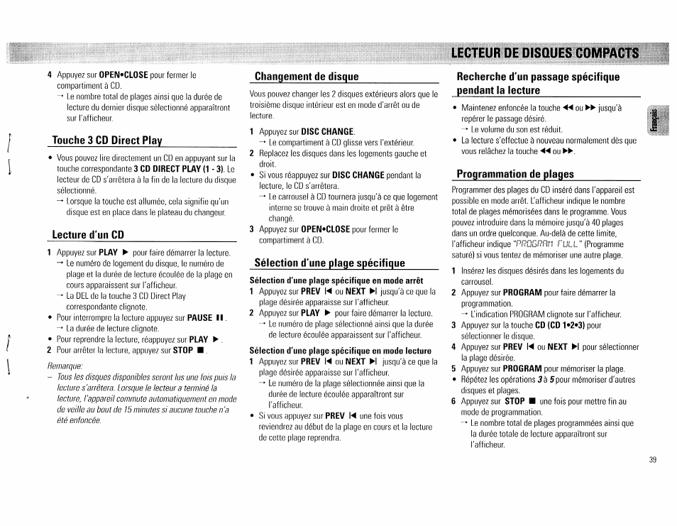 Lecteur de disques compacts, Touche 3 cd direct play, Lecture d'un cd | Changement de disque, Sélection d'une plage spécifique, Programmation de plages | Philips FW 72C User Manual | Page 39 / 74