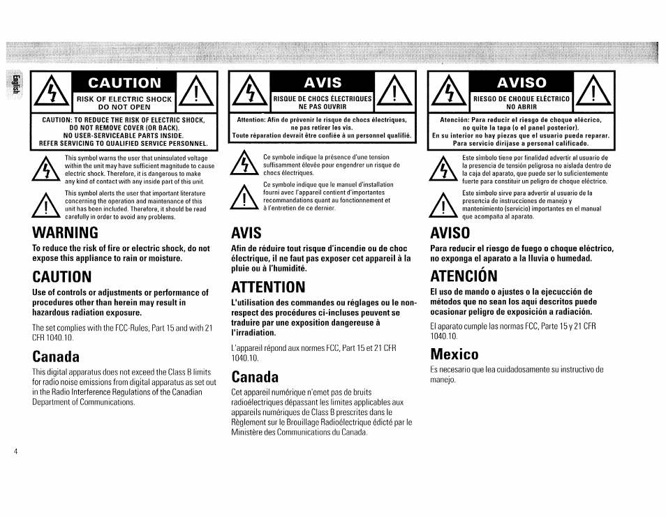 Caution, Warning, Canada | Avis, Ahention, Aviso, Atención, México | Philips FW 72C User Manual | Page 4 / 74