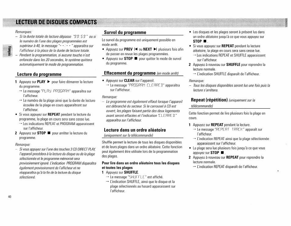 Lecteur de disques compacts, Lecture du programme, Survol du programme | Effacement du programme, Lecture dans un ordre aléatoire, Repeat (répétition) | Philips FW 72C User Manual | Page 40 / 74