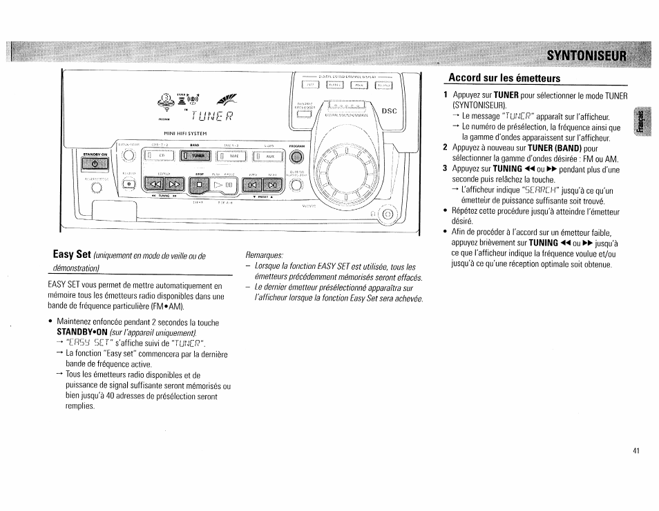 Syntoniseur, Syntoniseur -42, Easy sat | Syntoniseur accord sur les émetteurs | Philips FW 72C User Manual | Page 41 / 74