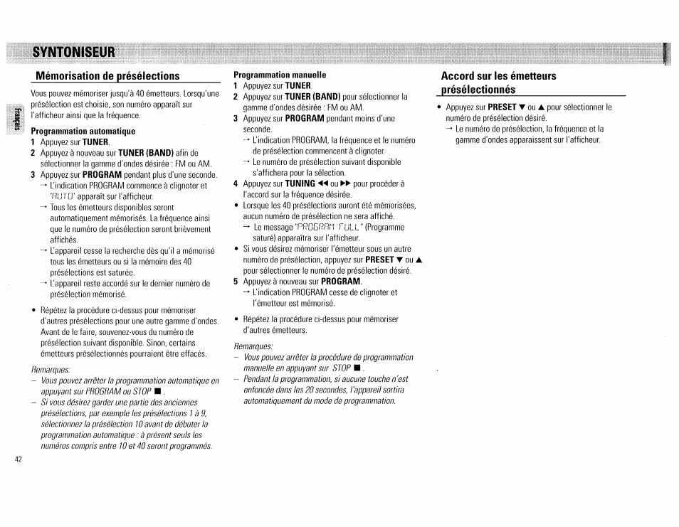 Syntoniseur, Programmation manuelle, Syntoniseur mémorisation de présélections | Accord sur les émetteurs présélectionnés | Philips FW 72C User Manual | Page 42 / 74