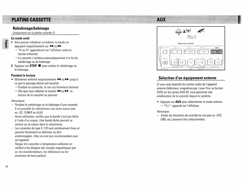 Platine cassehe, En mode arrêt, Pendant la lecture | Philips FW 72C User Manual | Page 44 / 74