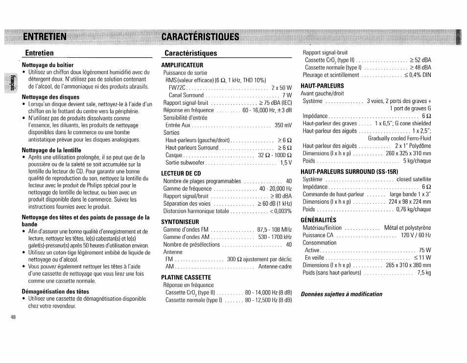 Entretien, Caracteristiûues, Caractéristiques | Entretien entretien, Caracteristiûues caractéristiques | Philips FW 72C User Manual | Page 48 / 74