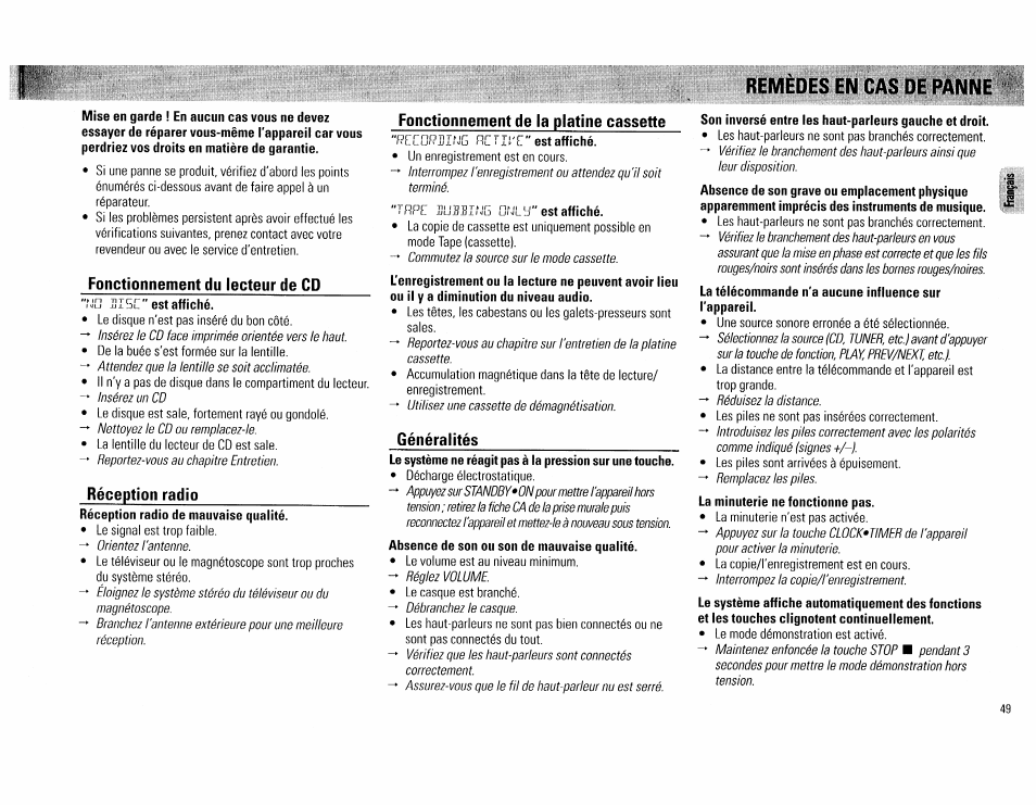 Fonctionnement du lecteur de cd, Réception radio, Fonctionnement de la platine cassette | Généralités, Remedes en cas de | Philips FW 72C User Manual | Page 49 / 74