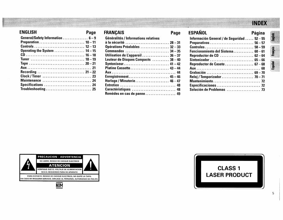 Index, Index english page, Français page | Español página | Philips FW 72C User Manual | Page 5 / 74