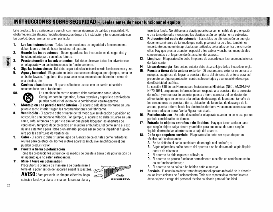 Puesta a tierra o polarización, Mise à terre ou polarisation, Léalas antes de hacer funcionar el equipo | Instrucciones sobre seguridad, Aviso | Philips FW 72C User Manual | Page 52 / 74