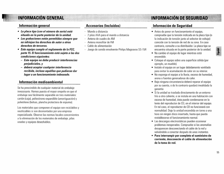 Información general, Información de seguridad, Información general / de seguridad -55 | Philips FW 72C User Manual | Page 55 / 74