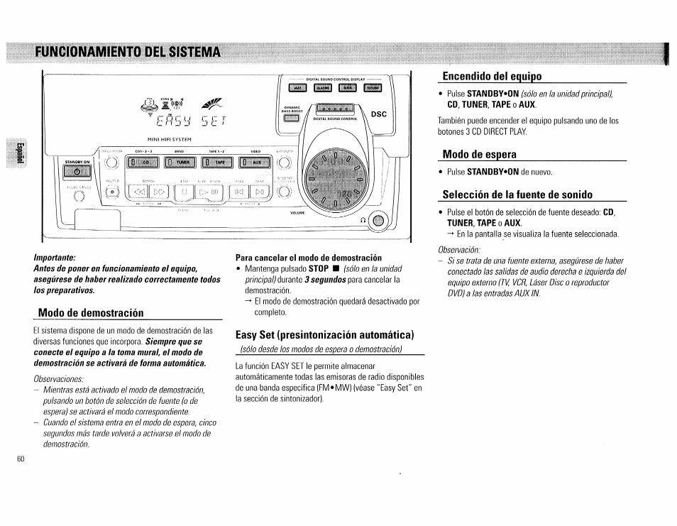 Funcionamfento del sistema, Para cancelar el mede de demestración, Funcionamiento del sistema -61 | Philips FW 72C User Manual | Page 60 / 74