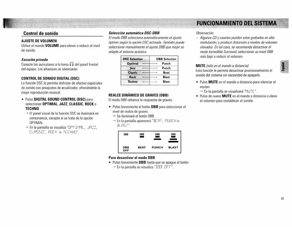 Ajuste de volumen, Control de sonido digital (dsc), Realce dinámico de graves (dbb) | Para desactivar el modo dbb, Funcionamiento del sistema, Ocrcrrr, Control de sonido | Philips FW 72C User Manual | Page 61 / 74