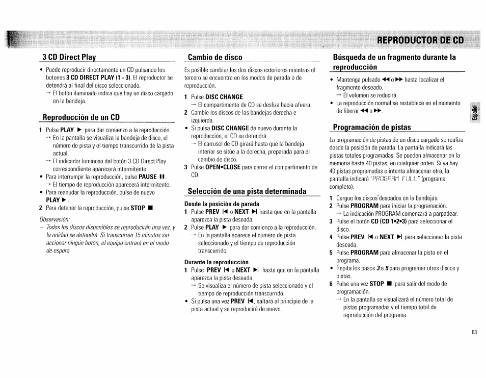 1 pulse cisc chance, Reproductor de cd 63, 3 cd direct play | Reproducción de un cp, Cambio de disco, Selección de una pista determinada, Búsqueda de un fragmento durante la reproducción, Programación de pistas | Philips FW 72C User Manual | Page 63 / 74