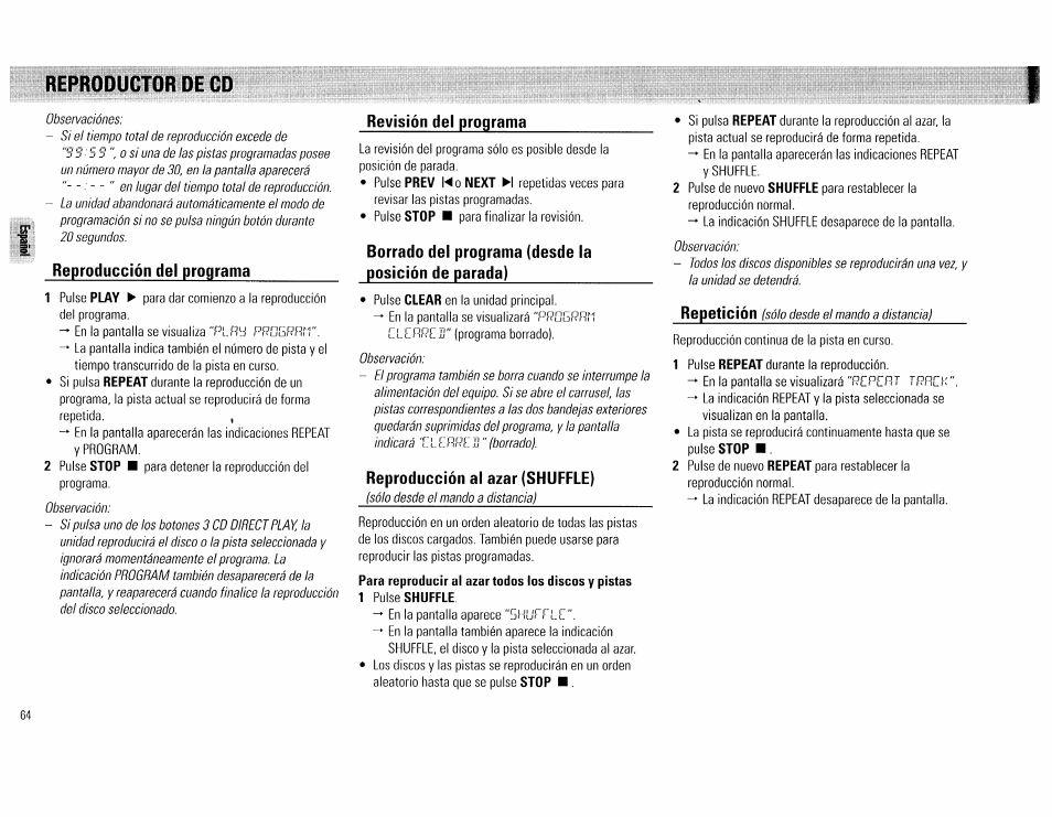 Reproductor de cd, Reproducción del programa, Revisión del programa | Borrado del programa (desde la posición de parada), Reproducción al azar (shuffle), Rupotición | Philips FW 72C User Manual | Page 64 / 74