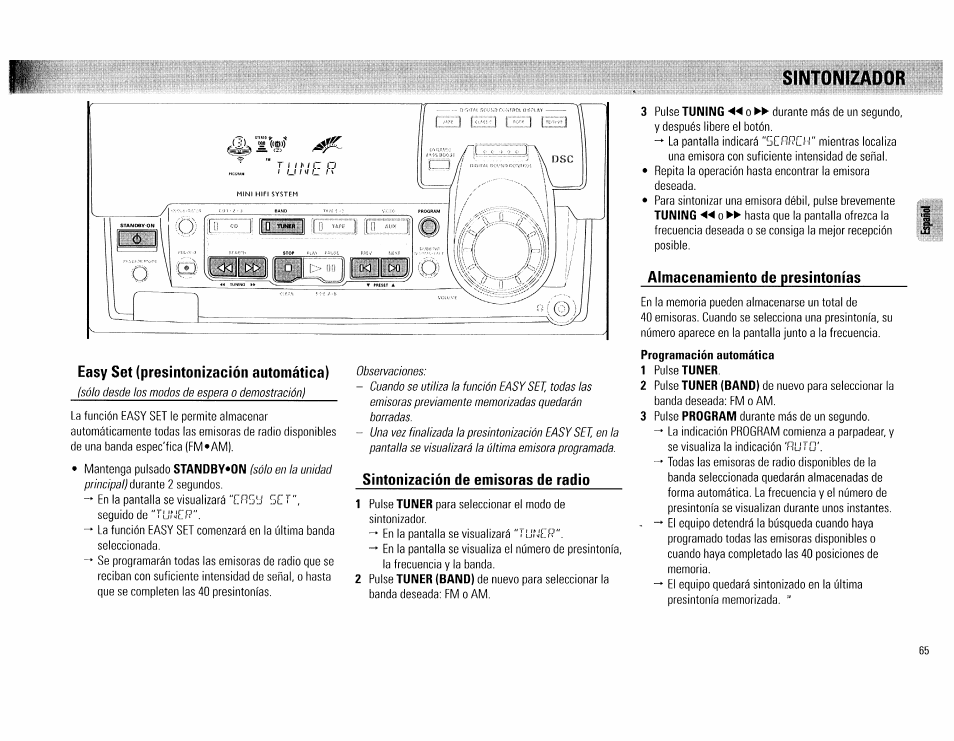 Sintonizador, Sintonizador -66, Easy set (presintonización automática) | Sintonización de emisoras de radio, Almacenamiento de presintonías | Philips FW 72C User Manual | Page 65 / 74