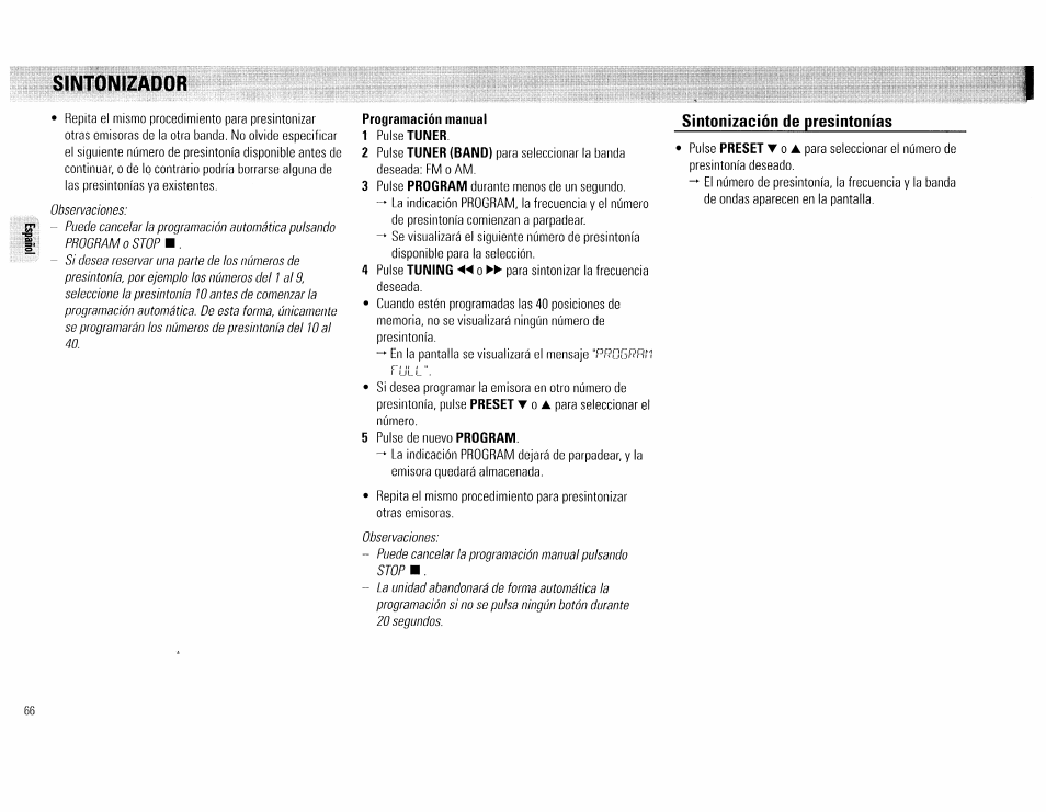 Sintonizador, Programación manual, Sintonización de presintonías | Philips FW 72C User Manual | Page 66 / 74