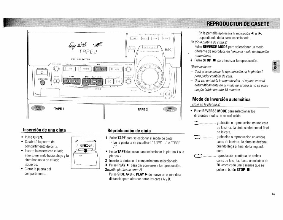 Reproductor de casete 67, Inserción de una cinta, Reproducción de cinta | Modo de inversión automática | Philips FW 72C User Manual | Page 67 / 74