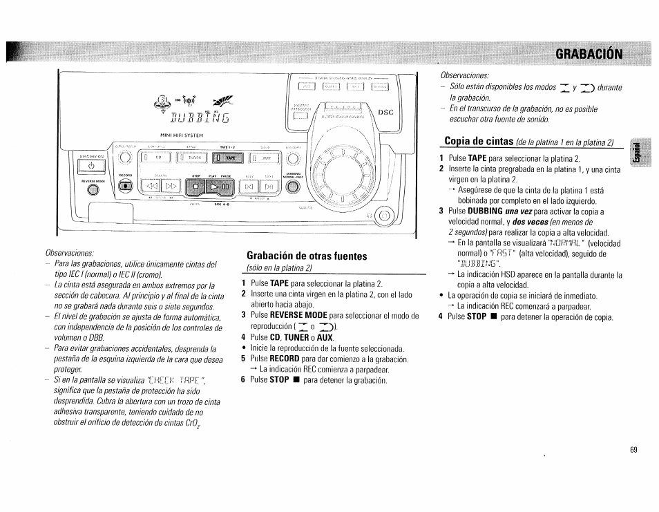 Grabación, Grabación -70, Grabación de otras fuentes | Copia do cintas | Philips FW 72C User Manual | Page 69 / 74