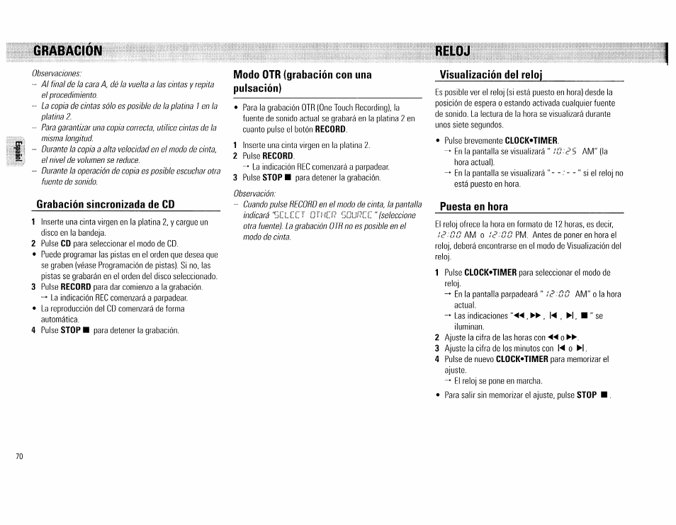 Relotj, Grabación, Grabación sincronizada de cd | Modo otr (grabación con una pulsación), Visualización del reloj, Puesta en bora | Philips FW 72C User Manual | Page 70 / 74