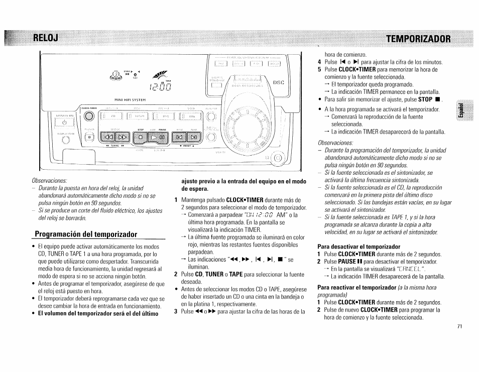 Reloj, Temporizador, Para desactivar el temporizador | Programación del temporizador | Philips FW 72C User Manual | Page 71 / 74