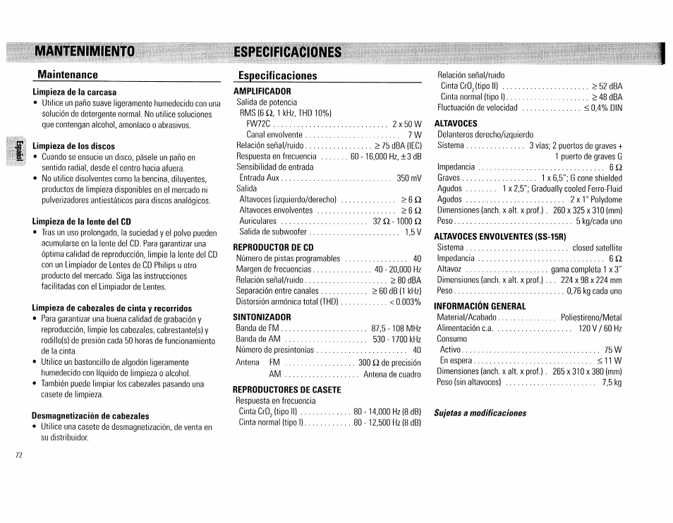 Mantenimiento, Especificaciones, Mantenimiento maintenance | Especificaciones especificaciones | Philips FW 72C User Manual | Page 72 / 74