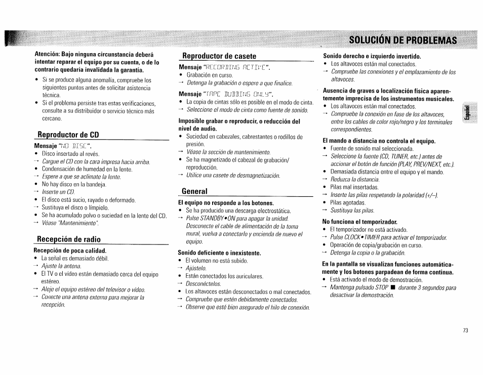 Solución de problemas 73, Reproductor de cd, Reproductor de casete recepción de radio | General | Philips FW 72C User Manual | Page 73 / 74