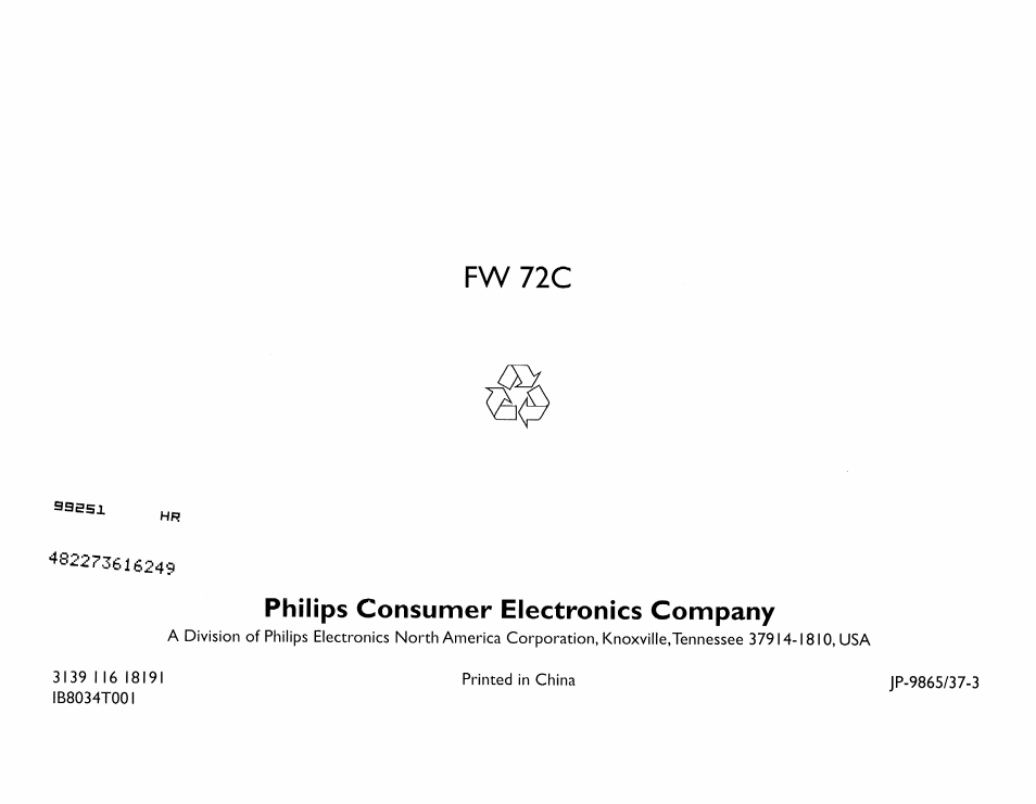 Fw 72c, Philips consumer electronics company | Philips FW 72C User Manual | Page 74 / 74