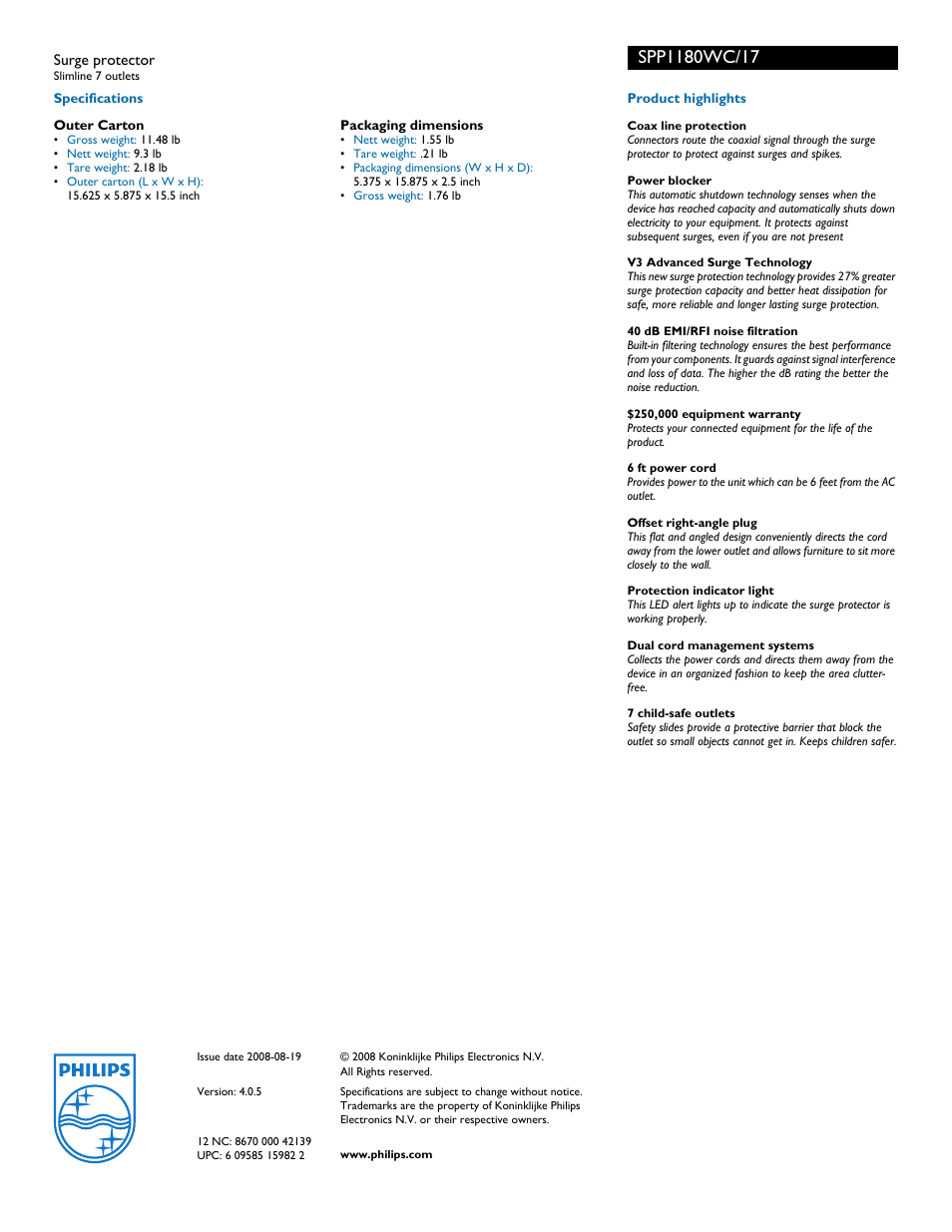 Philips SPP1180WC User Manual | Page 2 / 2