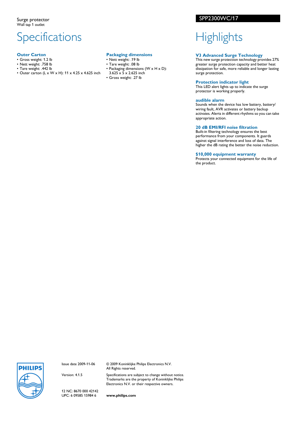 Specifications, Highlights | Philips SPP2300WC User Manual | Page 2 / 2