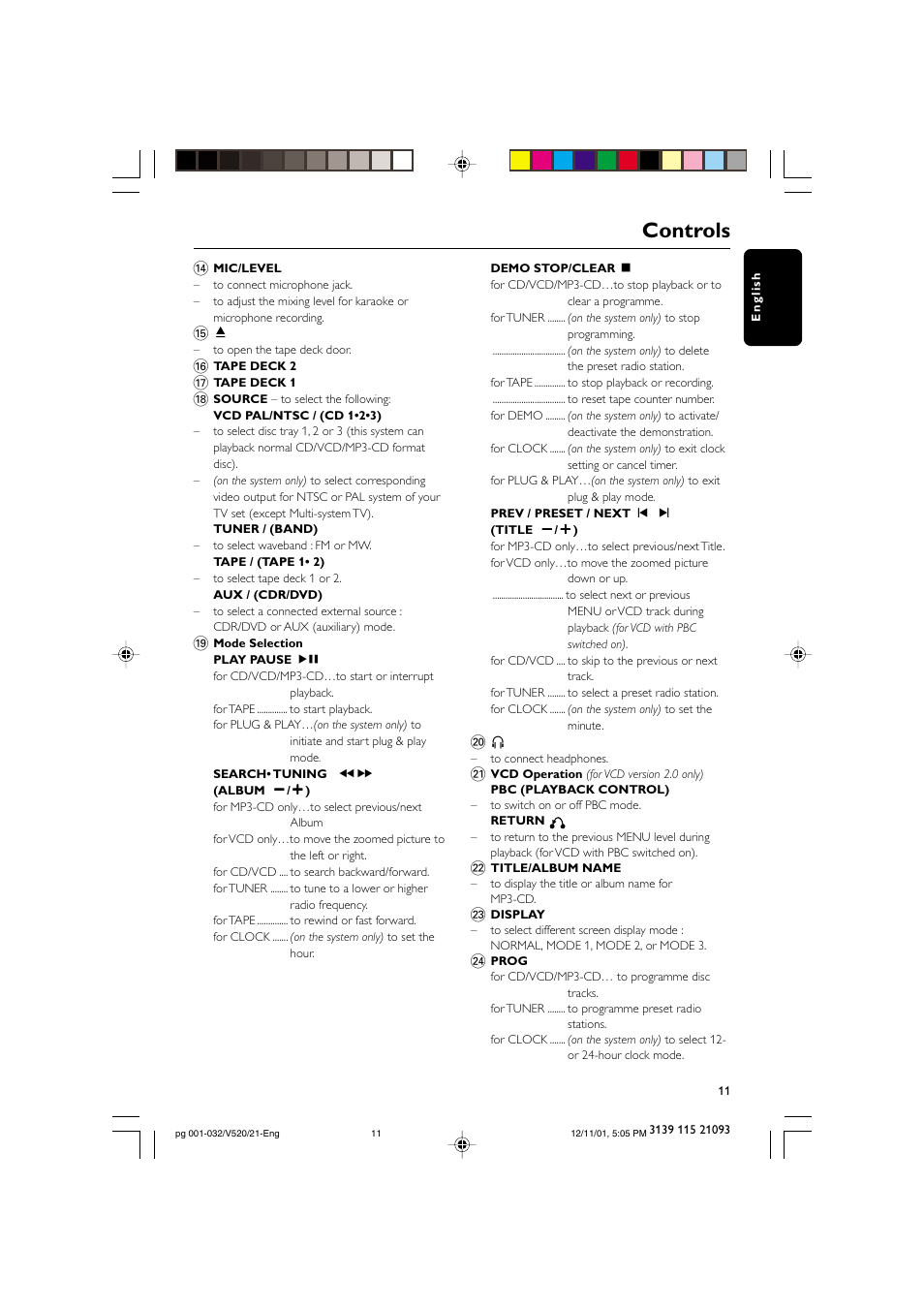 Controls | Philips FW-V520 User Manual | Page 11 / 33