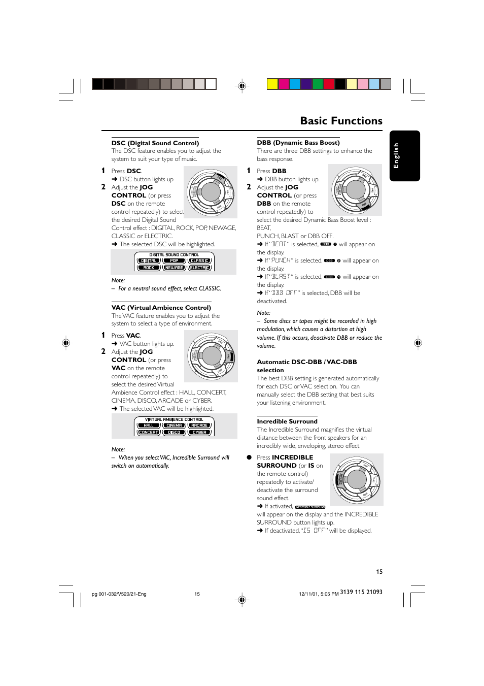 Basic functions, Press dsc . ➜ dsc button lights up, Press vac . ➜ vac button lights up | Press dbb . ➜ dbb button lights up | Philips FW-V520 User Manual | Page 15 / 33