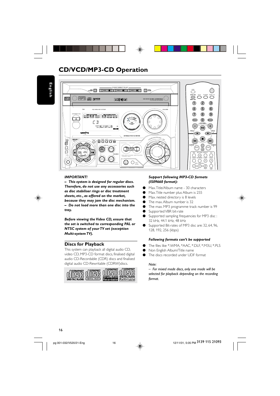 Cd/vcd/mp3-cd operation, Discs for playback | Philips FW-V520 User Manual | Page 16 / 33