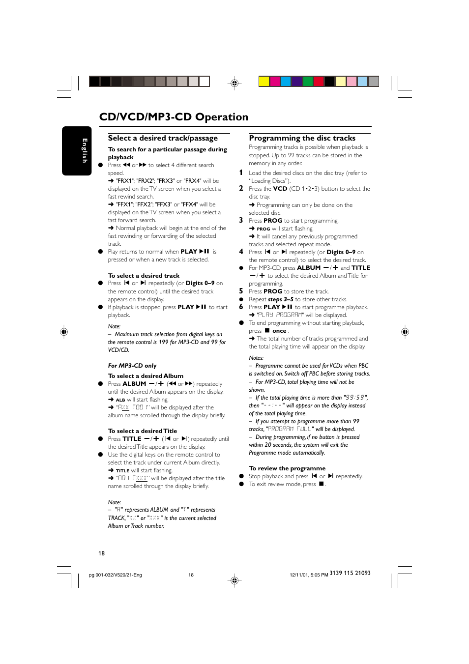 Cd/vcd/mp3-cd operation, Select a desired track/passage, Programming the disc tracks | Philips FW-V520 User Manual | Page 18 / 33