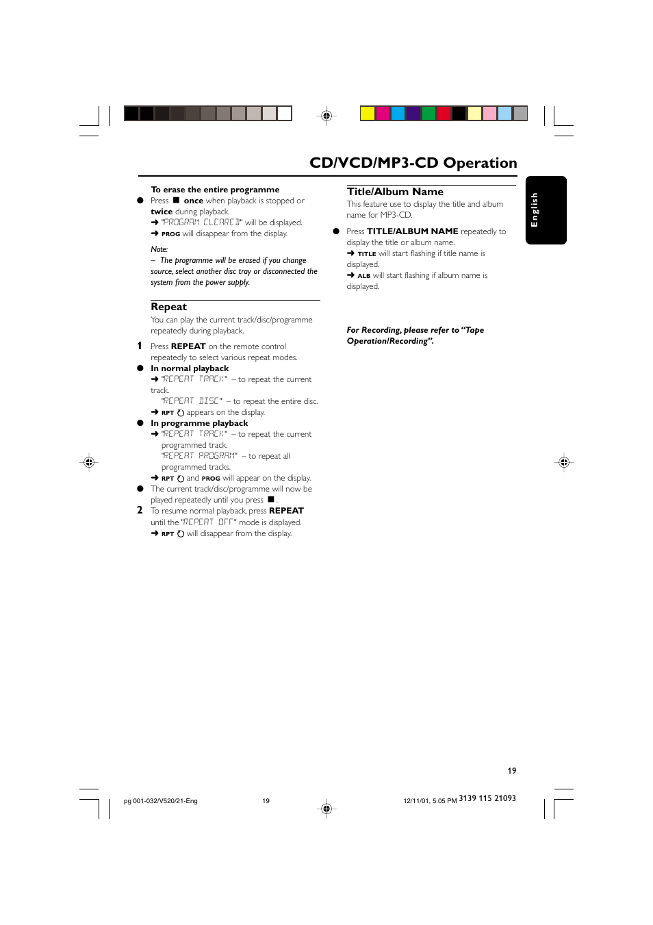 Cd/vcd/mp3-cd operation, Repeat, Title/album name | Philips FW-V520 User Manual | Page 19 / 33