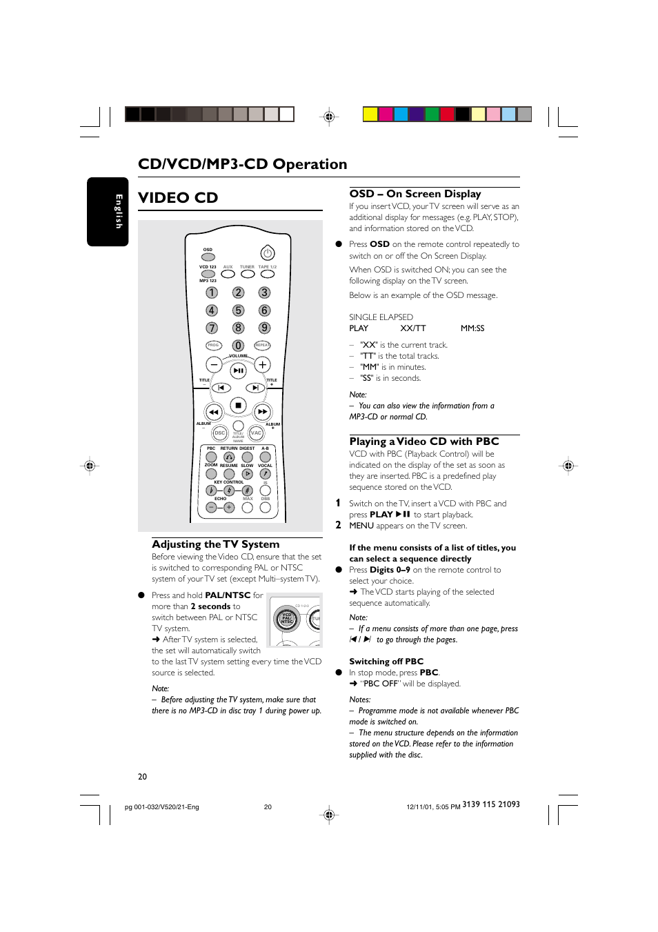 Cd/vcd/mp3-cd operation video cd, Osd – on screen display, Playing a video cd with pbc | Adjusting the tv system | Philips FW-V520 User Manual | Page 20 / 33