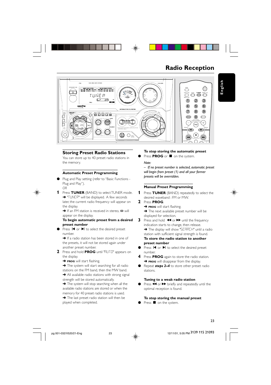 Radio reception, Storing preset radio stations, Press prog | Press prog again to store the radio station | Philips FW-V520 User Manual | Page 23 / 33