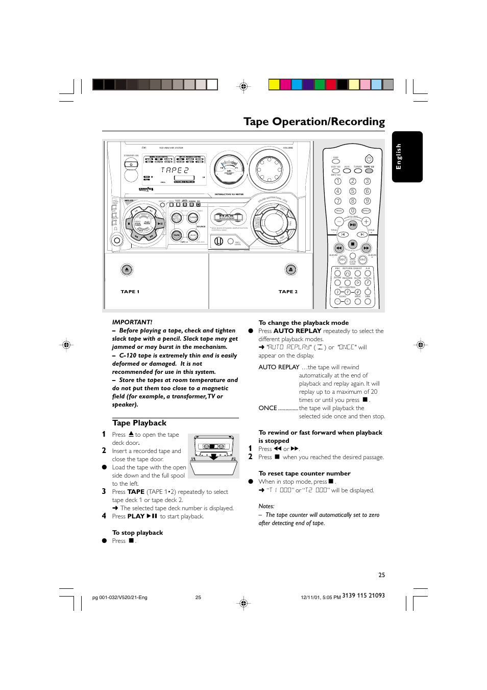 Tape operation/recording, Tape playback 1, Press çto open the tape deck door | Press à or á | Philips FW-V520 User Manual | Page 25 / 33