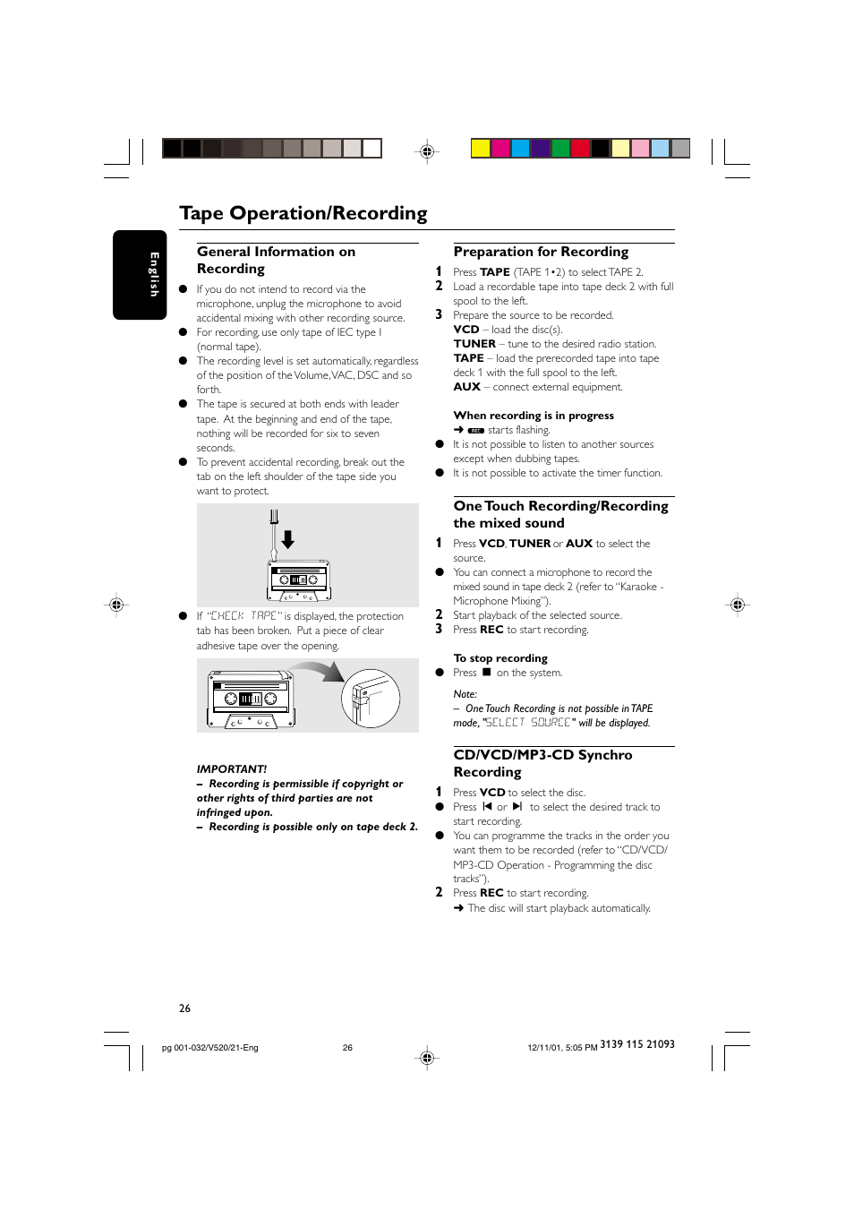 Tape operation/recording | Philips FW-V520 User Manual | Page 26 / 33