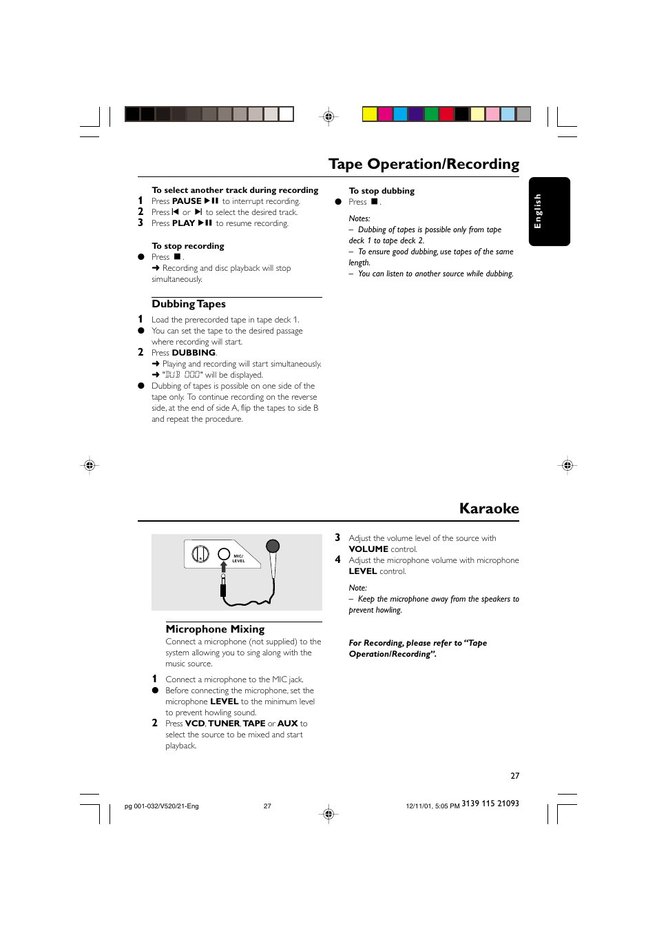 Tape operation/recording, Karaoke | Philips FW-V520 User Manual | Page 27 / 33