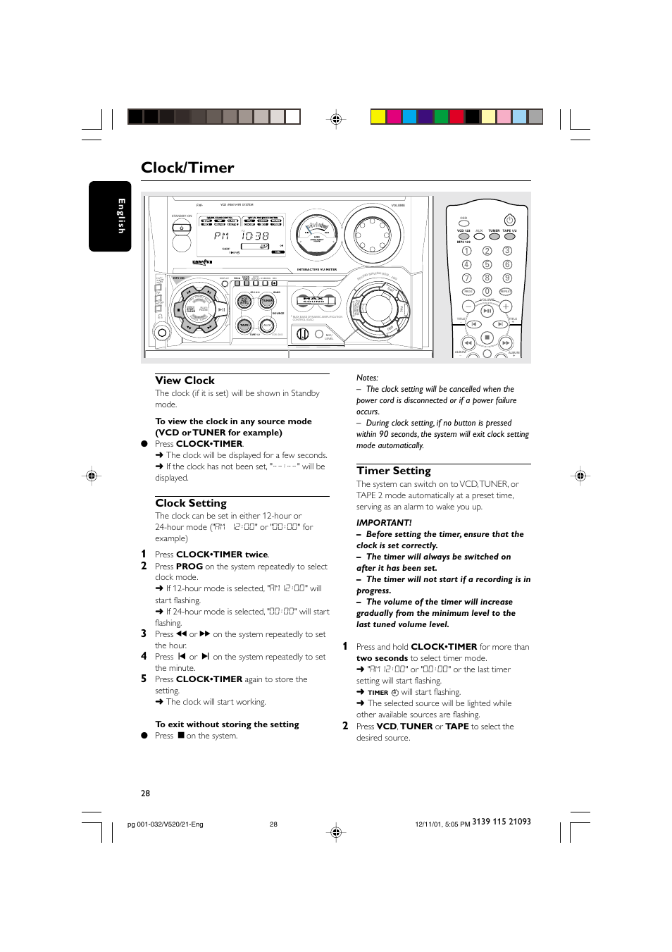 Clock/timer, View clock, Clock setting | Timer setting, Press clock•timer twice | Philips FW-V520 User Manual | Page 28 / 33