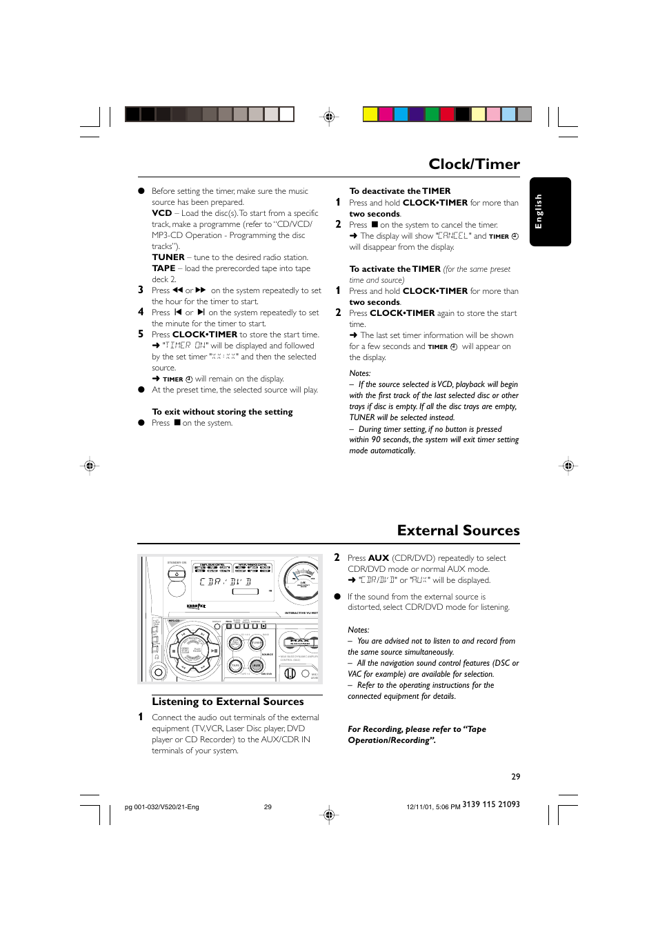 Clock/timer, External sources, Listening to external sources 1 | Philips FW-V520 User Manual | Page 29 / 33